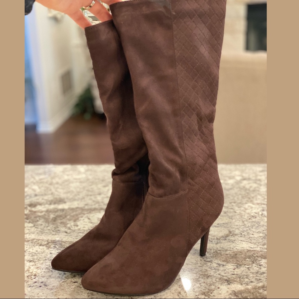 Brown Faux Suede Quilted Tall Stilleto Boots